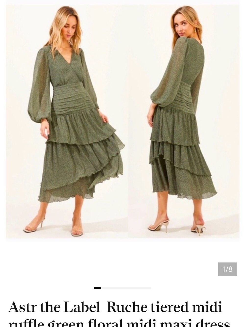 Astr Metallic Sage Green Long Sleeve Tiered Wrap Dress